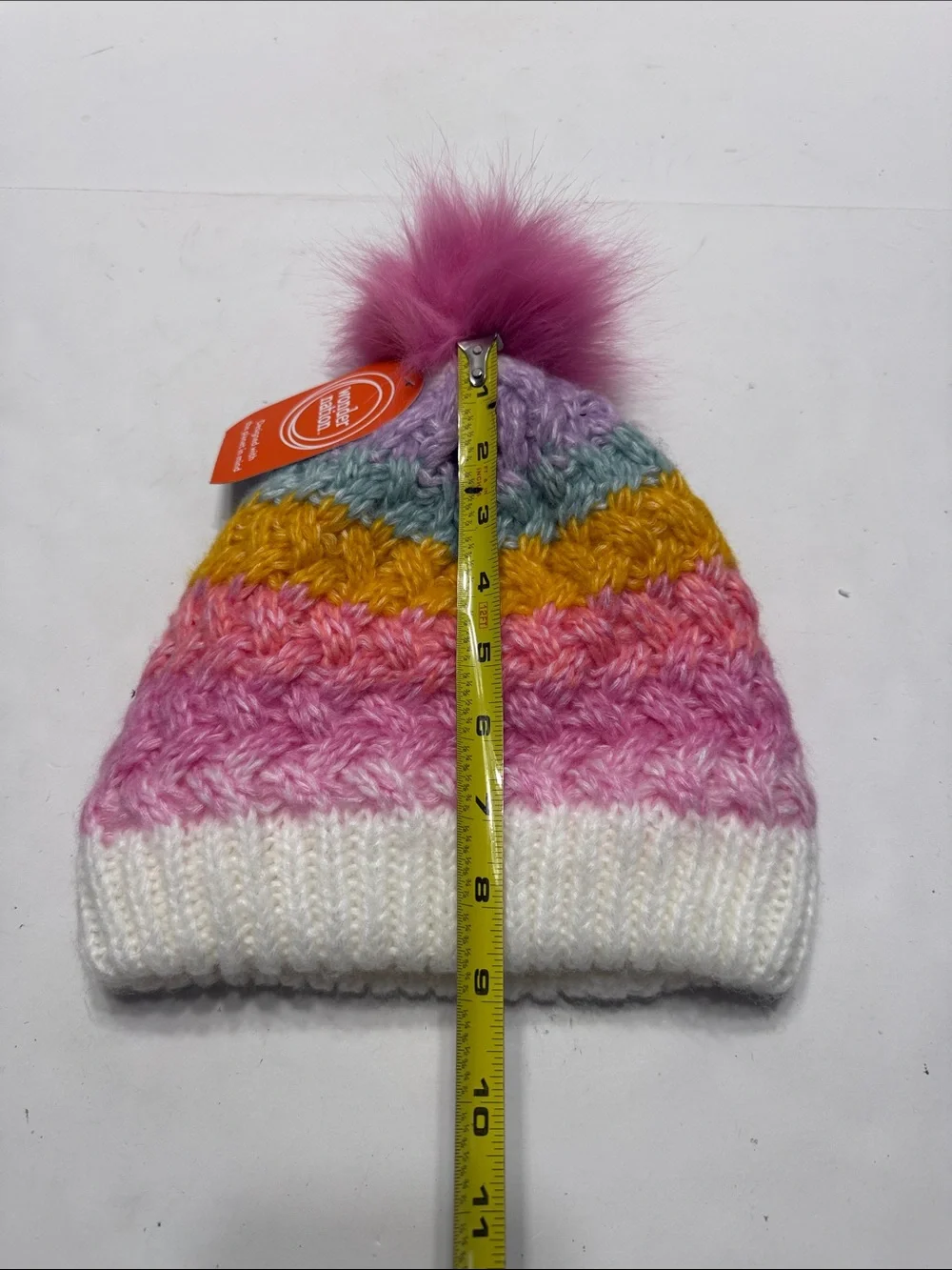 wonder nation Pink Multicolor Knit Pom Beanie with Faux Fur Pom